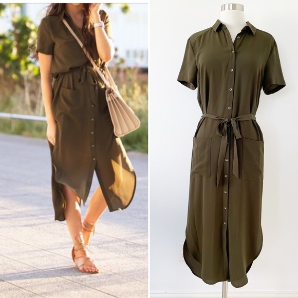Astr Dresses & Skirts - ASTR The Label Olive Green Short Sleeve Midi Shirt Dress Size Small Fall